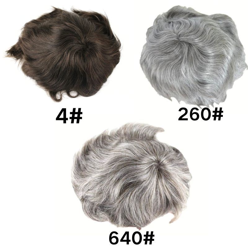 Men's Toupee 640# 60% #6 Brown Human Hair Mixed with 40% Synthetic White Hair Toupee For Men Mono Lace with PU Hair System 10X8inch