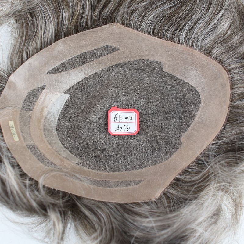 Men's Toupee 640# 60% #6 Brown Human Hair Mixed with 40% Synthetic White Hair Toupee For Men Mono Lace with PU Hair System 10X8inch