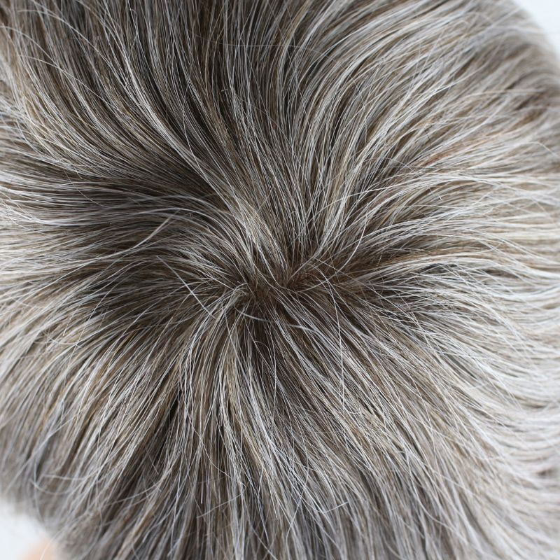 Men's Toupee 640# 60% #6 Brown Human Hair Mixed with 40% Synthetic White Hair Toupee For Men Mono Lace with PU Hair System 10X8inch