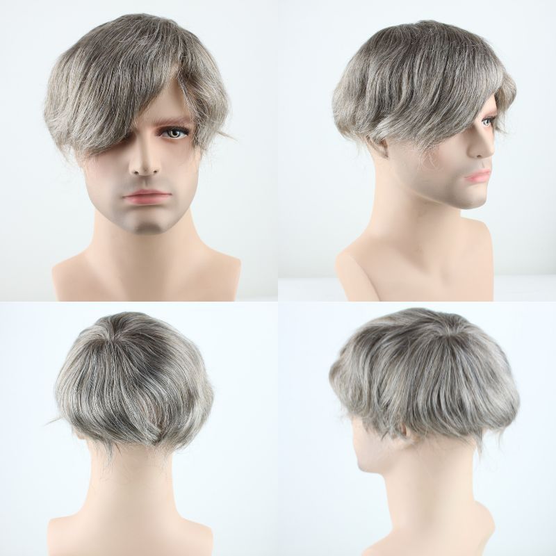 Men's Toupee 640# 60% #6 Brown Human Hair Mixed with 40% Synthetic White Hair Toupee For Men Mono Lace with PU Hair System 10X8inch