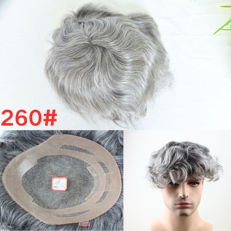 Men's Toupee 640# 60% #6 Brown Human Hair Mixed with 40% Synthetic White Hair Toupee For Men Mono Lace with PU Hair System 10X8inch