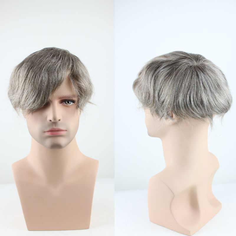 Men's Toupee 640# 60% #6 Brown Human Hair Mixed with 40% Synthetic White Hair Toupee For Men Mono Lace with PU Hair System 10X8inch