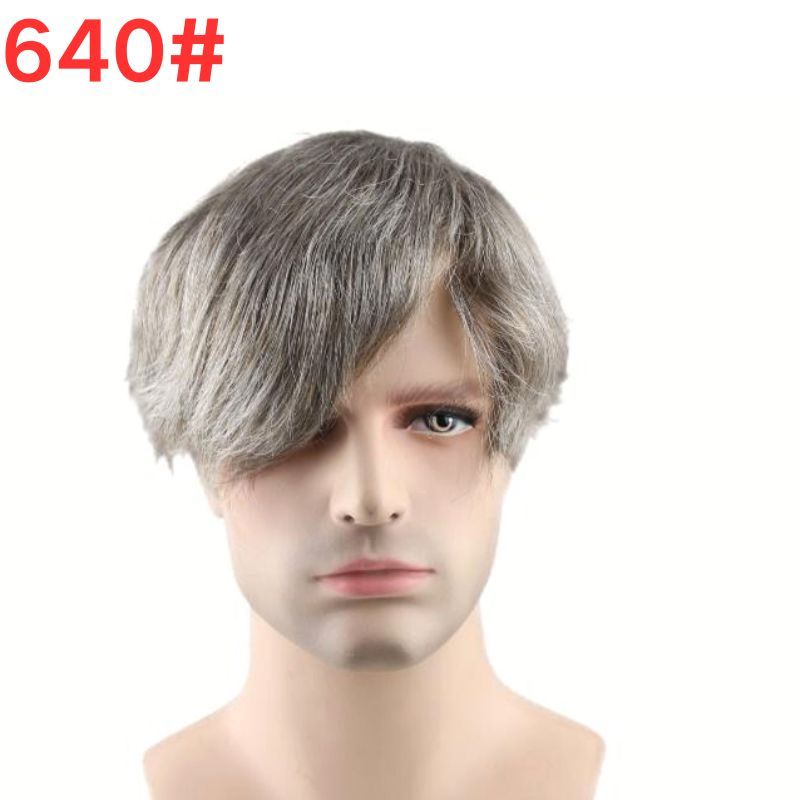 Men's Toupee 640# 60% #6 Brown Human Hair Mixed with 40% Synthetic White Hair Toupee For Men Mono Lace with PU Hair System 10X8inch