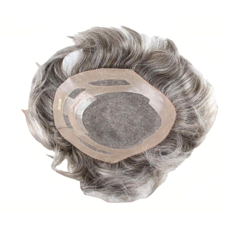 Men's Toupee 640# 60% #6 Brown Human Hair Mixed with 40% Synthetic White Hair Toupee For Men Mono Lace with PU Hair System 10X8inch