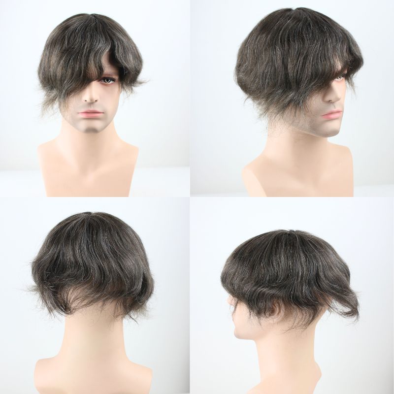 Voloria Men's Toupee 510# 90% Brown 100% Human Hair Mixed with10% White Synthetic Hair System Mono with PU Toupee for Men 10X8inch Hair Replacement