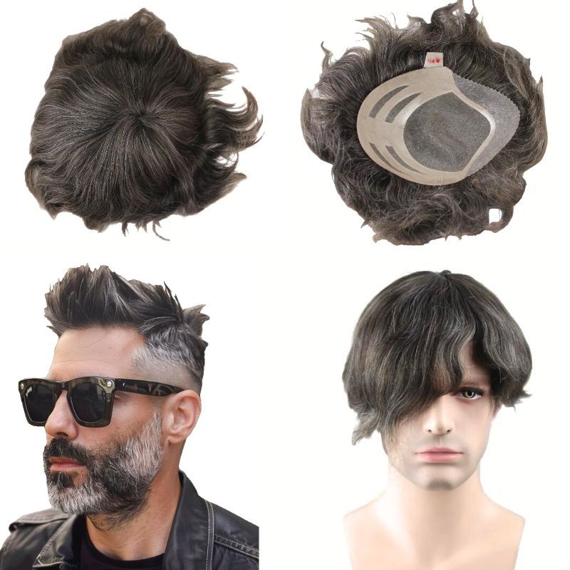 Voloria Men's Toupee 510# 90% Brown 100% Human Hair Mixed with10% White Synthetic Hair System Mono with PU Toupee for Men 10X8inch Hair Replacement