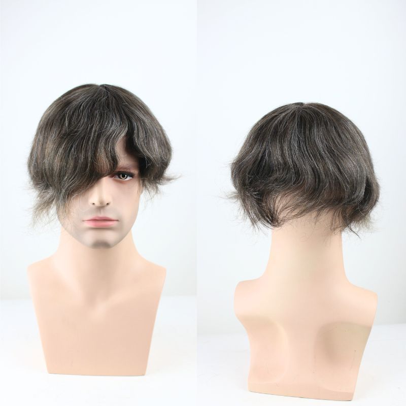 Voloria Men's Toupee 510# 90% Brown 100% Human Hair Mixed with10% White Synthetic Hair System Mono with PU Toupee for Men 10X8inch Hair Replacement