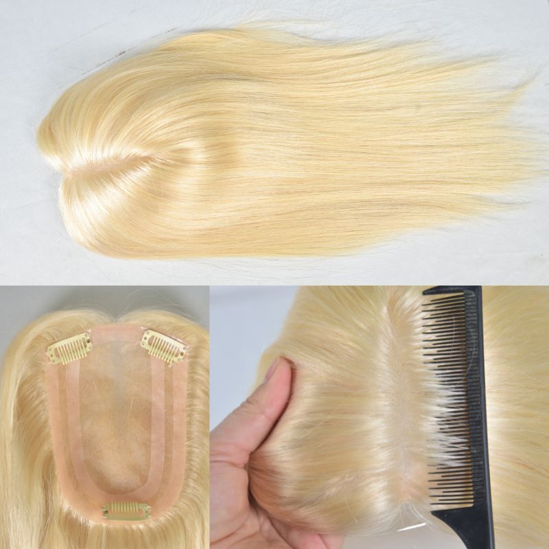 613 Blonde Color  Mono Lace with PU European Human Hair Topper With Clips In Toupee for Women 4x 6 inch Closure Wigs for Woman 12 Inch
