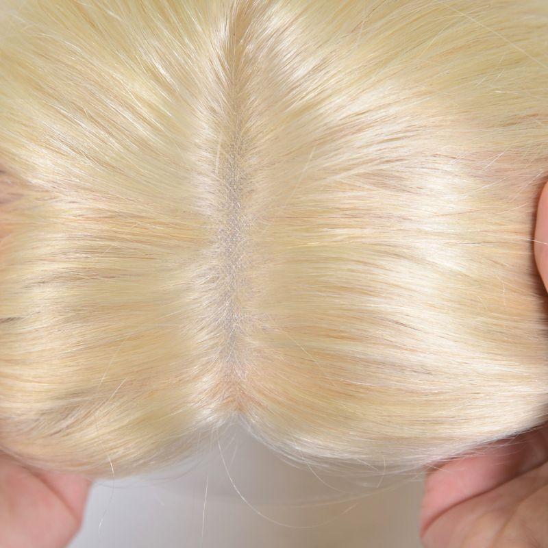 613 Blonde Color  Mono Lace with PU European Human Hair Topper With Clips In Toupee for Women 4x 6 inch Closure Wigs for Woman 12 Inch