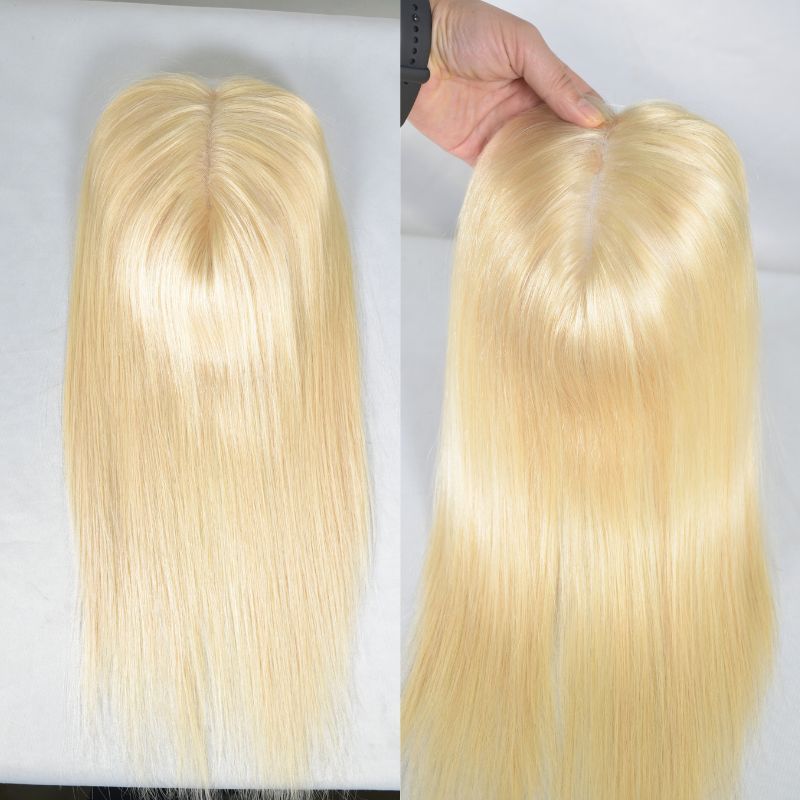 613 Blonde Color  Mono Lace with PU European Human Hair Topper With Clips In Toupee for Women 4x 6 inch Closure Wigs for Woman 12 Inch