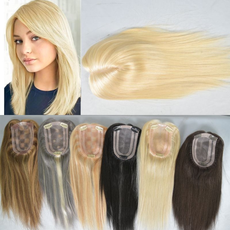 613 Blonde Color  Mono Lace with PU European Human Hair Topper With Clips In Toupee for Women 4x 6 inch Closure Wigs for Woman 12 Inch