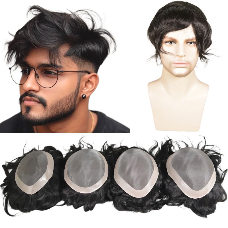 Voloria Hair Men's Toupee Mono Base with PU 100% Indian Human Hair System NPU 8x6 8x7 9x7 10x8 inch Base Size Toupee for Men Natural Black Hair