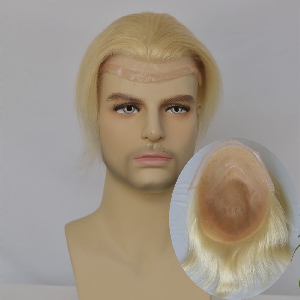 Men's Toupee 10×8 Wigs Human Hair Men's Toupee Mono Lace with PU Base Men's Hair 613 Blonde Color European 100% Human Monofilament Hair System