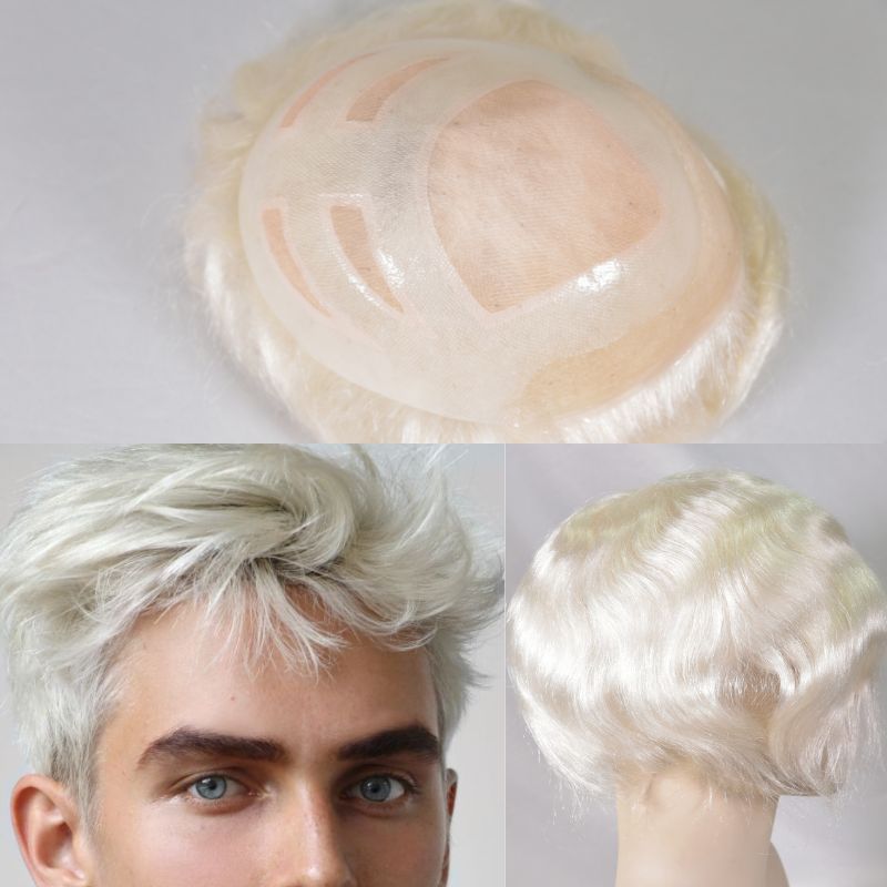 Men's Toupee  French Lace Front  Fine Mono Hairpiece With Lace Front and Skin PU Around Mens Toupee 100% Human Hair Piece Durable Hair System For Men Natural Hairline 8x10