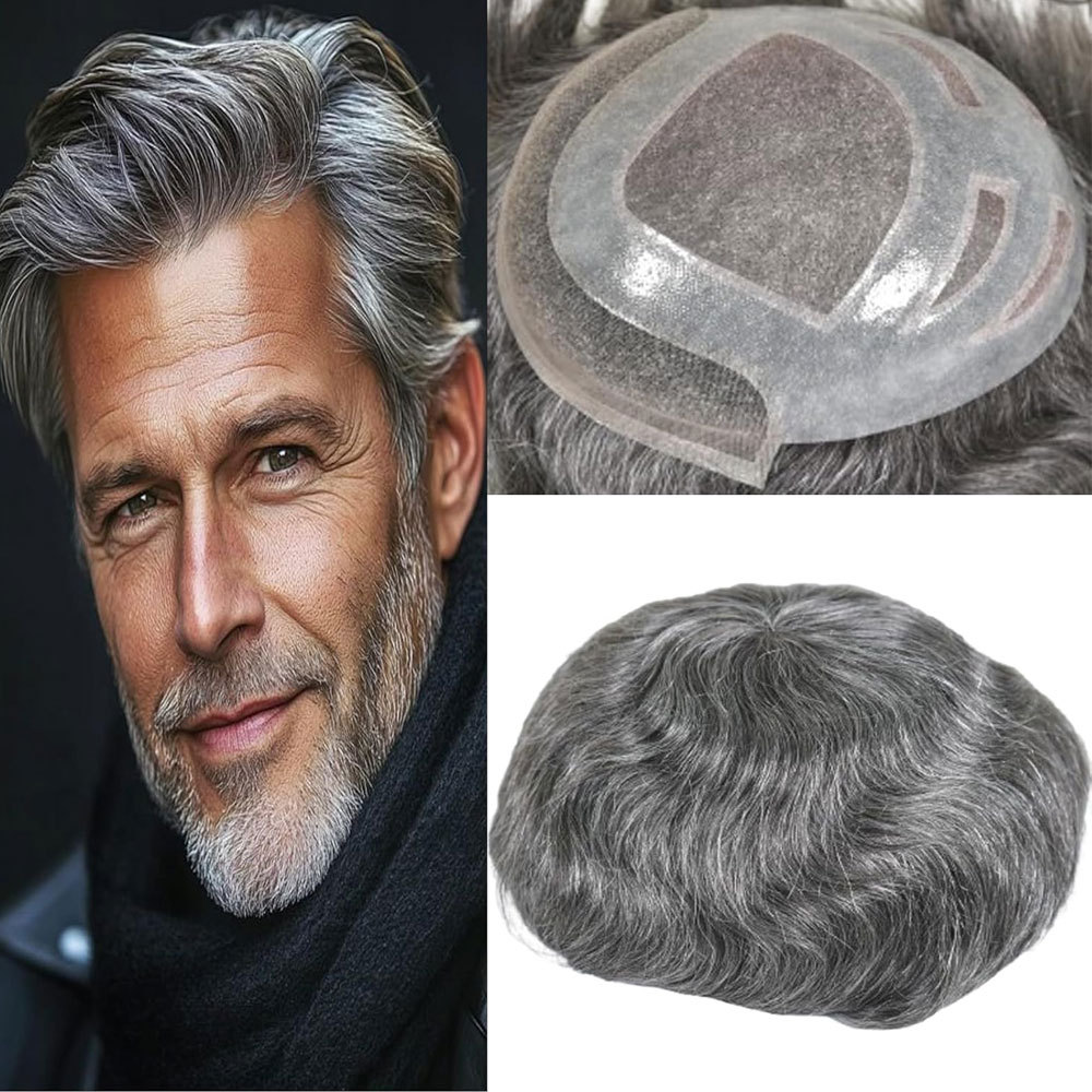 Durable Hair System for Men Indian Human Hair French Lace Front Fine Mono and Skin PU Around Mens Toupee Hair Pieces Natural Hairline Hair Replacement for Men 8x10INCH 1B Black with 30% White hair