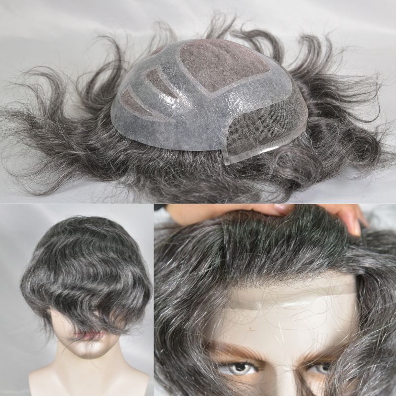 Men's Toupee  French Lace Front  Fine Mono Hairpiece With Lace Front and Skin PU Around Mens Toupee 100% Human Hair Piece Durable Hair System For Men Natural Hairline 8x10