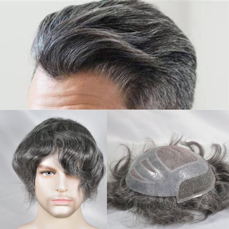 Men's Toupee  French Lace Front  Fine Mono Hairpiece With Lace Front and Skin PU Around Mens Toupee 100% Human Hair Piece Durable Hair System For Men Natural Hairline 8x10