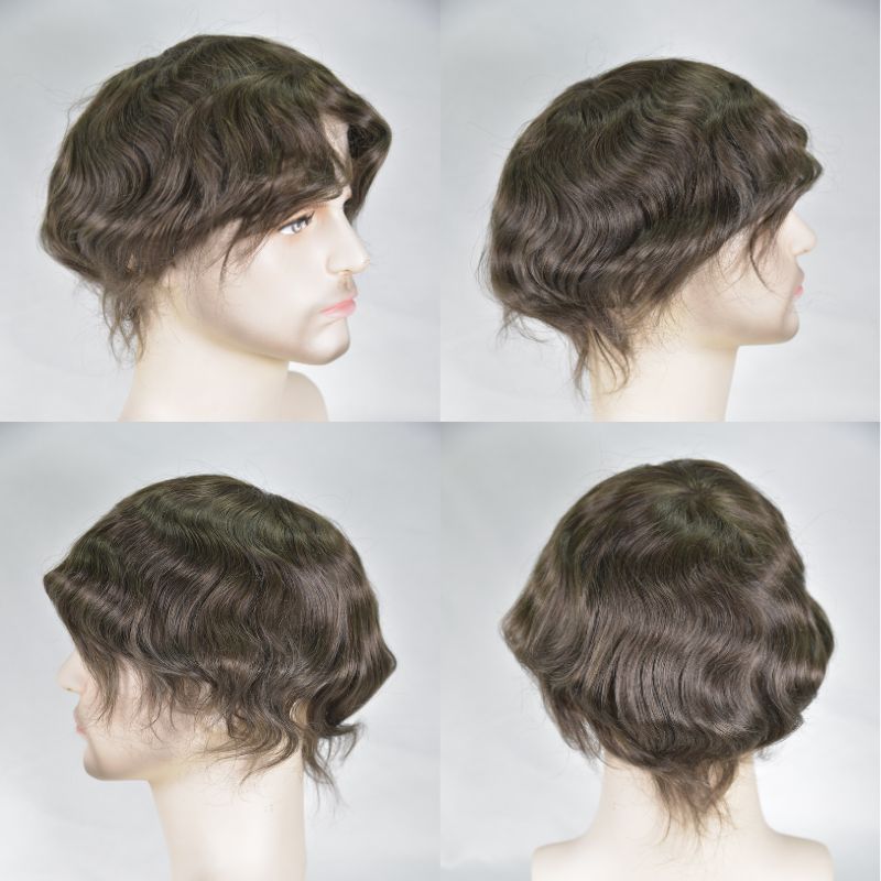 Men's Toupee  French Lace Front  Fine Mono Hairpiece With Lace Front and Skin PU Around Mens Toupee 100% Human Hair Piece Durable Hair System For Men Natural Hairline 8x10