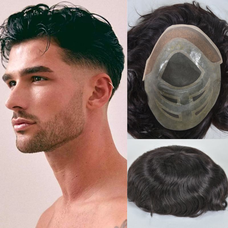 Men's Toupee  French Lace Front  Fine Mono Hairpiece With Lace Front and Skin PU Around Mens Toupee 100% Human Hair Piece Durable Hair System For Men Natural Hairline 8x10