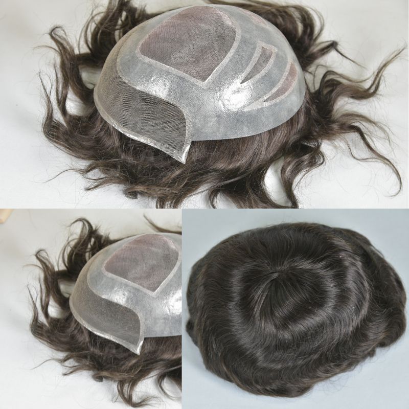 Men's Toupee  French Lace Front  Fine Mono Hairpiece With Lace Front and Skin PU Around Mens Toupee 100% Human Hair Piece Durable Hair System For Men Natural Hairline 8x10