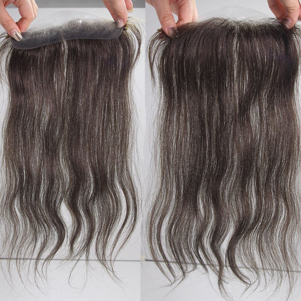 Men and Women Forehead Hairline Toupee 100% Human Hair Skin PU Man Hairpieces 13inch Long Frontal Hair Topper for Receding Natural Hairline Replacement Systems 1B Color 0.78x6.29INCH