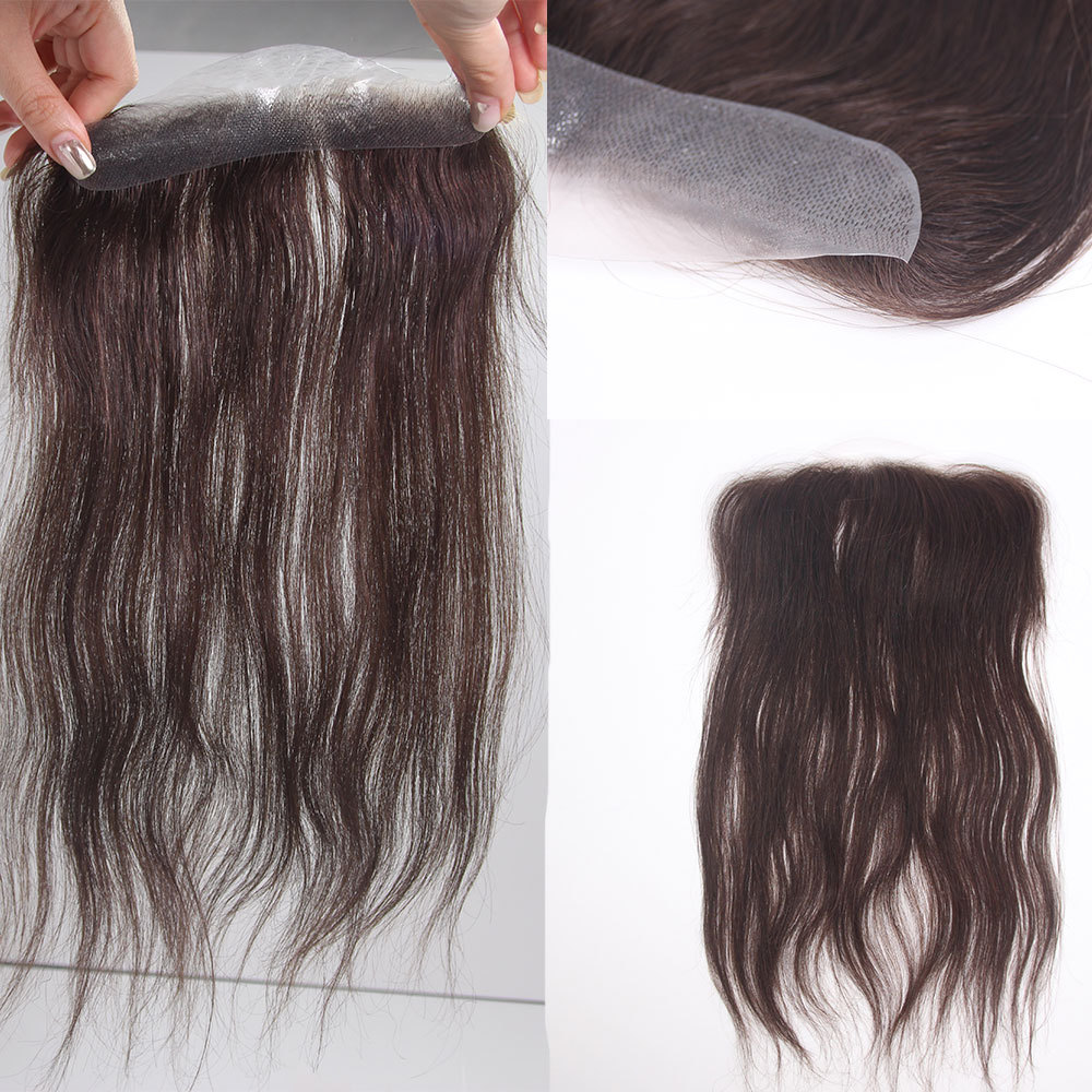 Men and Women Forehead Hairline Toupee 100% Human Hair Skin PU Man Hairpieces 13inch Long Frontal Hair Topper for Receding Natural Hairline Replacement Systems 1B Color 0.78x6.29INCH
