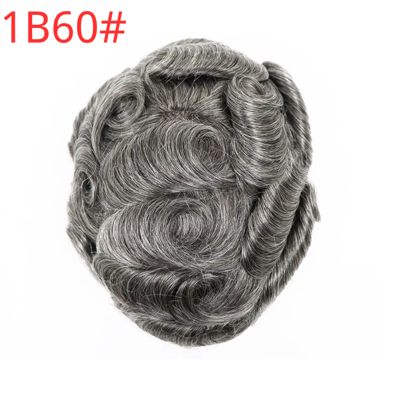 30mm Wavy Men Toupee  0.04-0.06mm Full PU Stock Toupee for  Man 1BT60 White Color  Super Thin Skin Man Hair Transparent Poly Hair System 8x10 Inch Hair Replacement 6-7 Inch Long
