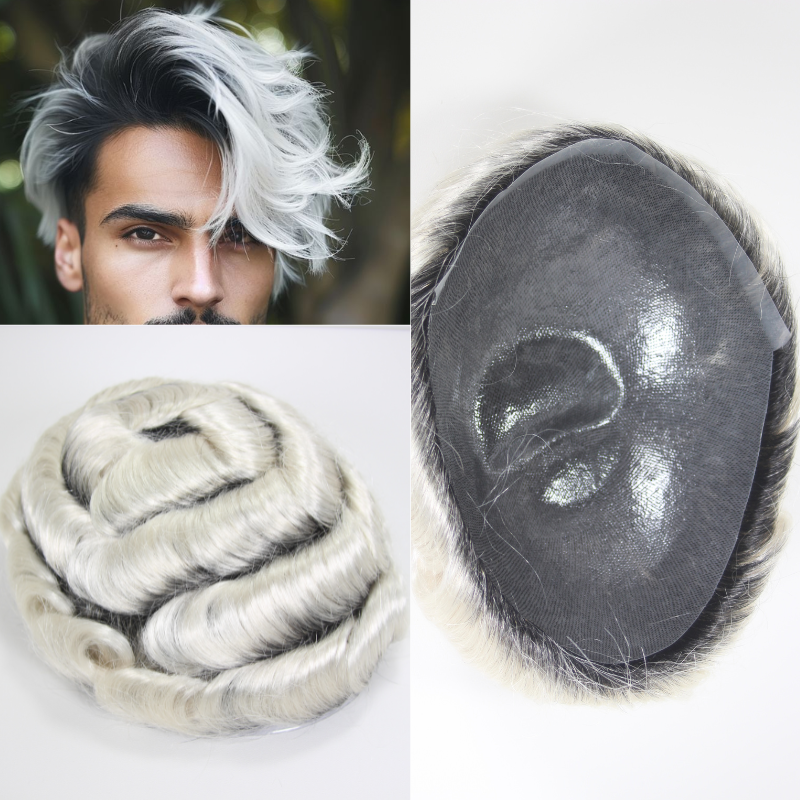 30mm Wavy Men Toupee  0.04-0.06mm Full PU Stock Toupee for  Man 1BT60 White Color  Super Thin Skin Man Hair Transparent Poly Hair System 8x10 Inch Hair Replacement
