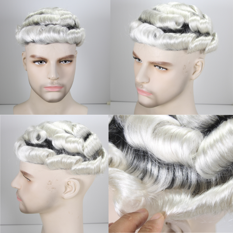 30mm Wavy Men Toupee  0.04-0.06mm Full PU Stock Toupee for  Man 1BT60 White Color  Super Thin Skin Man Hair Transparent Poly Hair System 8x10 Inch Hair Replacement