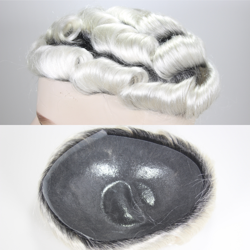 30mm Wavy Men Toupee  0.04-0.06mm Full PU Stock Toupee for  Man 1BT60 White Color  Super Thin Skin Man Hair Transparent Poly Hair System 8x10 Inch Hair Replacement