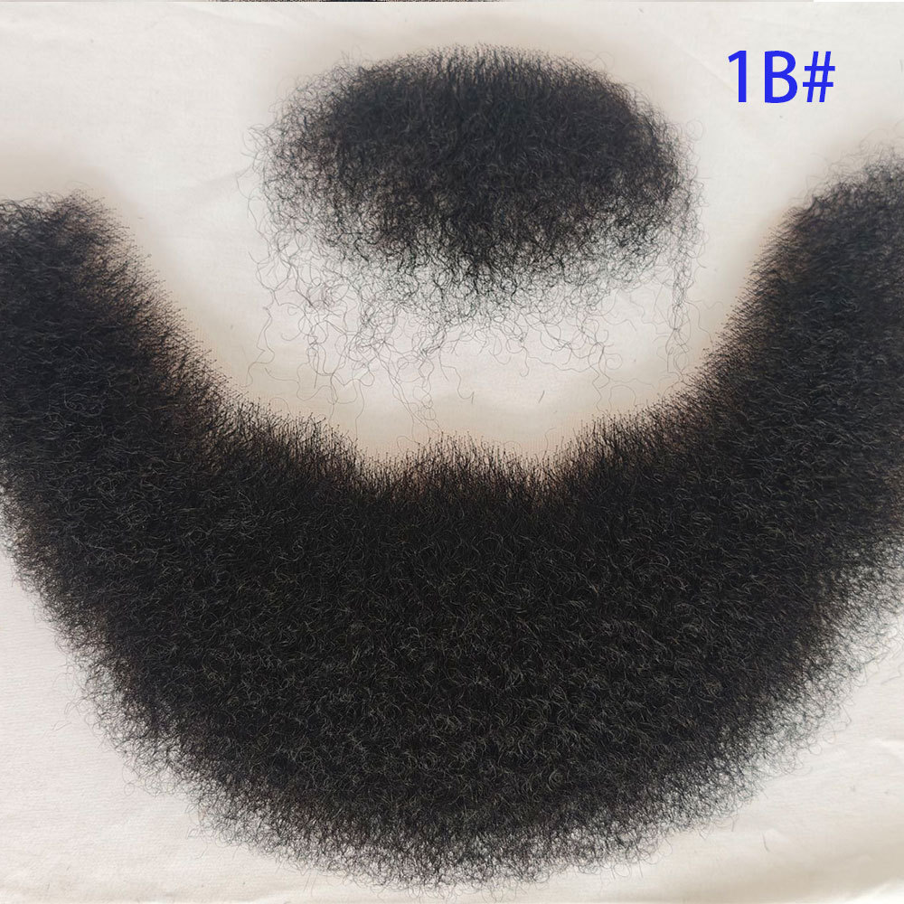Human Hair Afro Curl Swiss Lace Fake Beard Face Mustache For American Black Men Realistic Makeup Lace Base Replace System 1B/20 Grey Hair Color