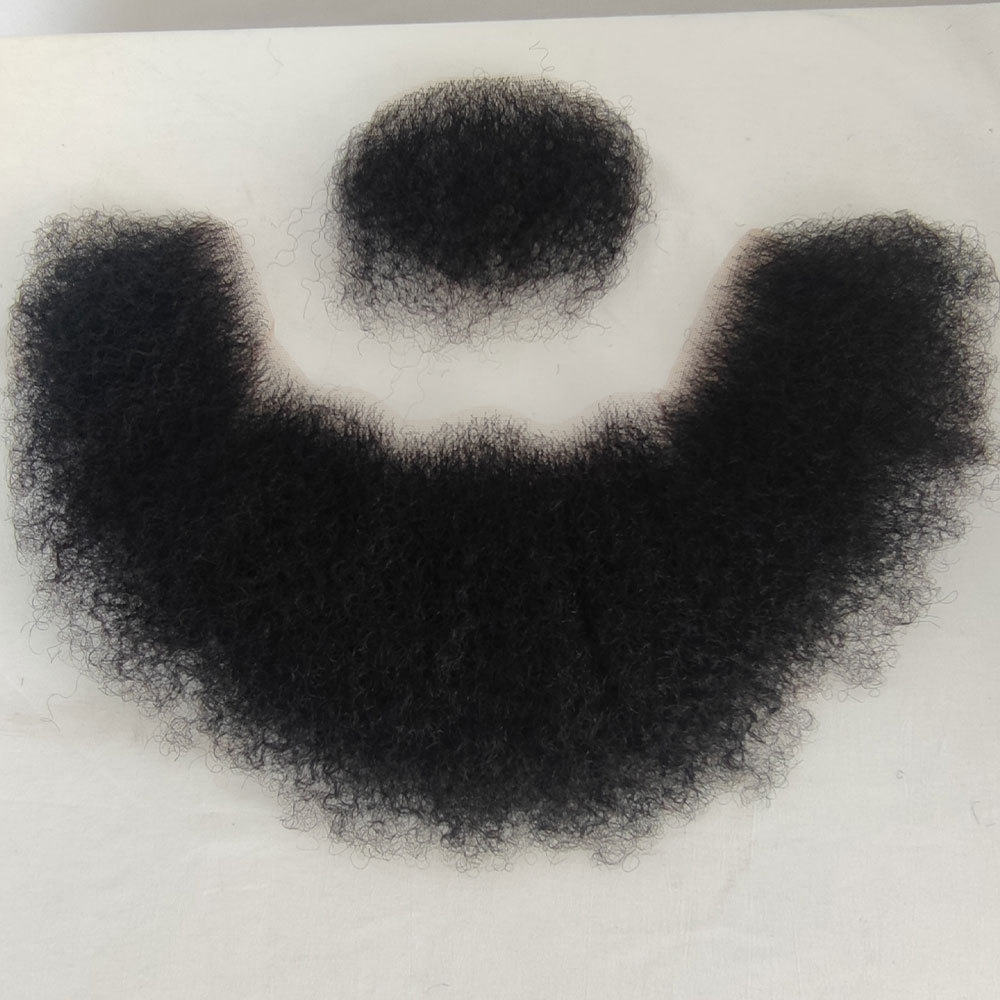 Human Hair Afro Curl Swiss Lace Fake Beard Face Mustache For American Black Men Realistic Makeup Lace Base Replace System 1B/20 Grey Hair Color