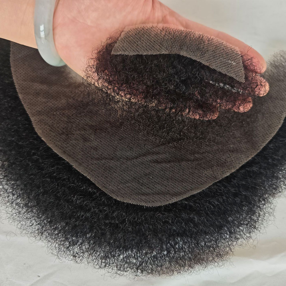 Human Hair Afro Curl Swiss Lace Fake Beard Face Mustache For American Black Men Realistic Makeup Lace Base Replace System 1B/20 Grey Hair Color