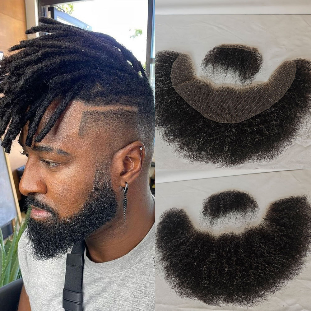 Human Hair Afro Curl Swiss Lace Fake Beard Face Mustache For American Black Men Realistic Makeup Lace Base Replace System 1B/20 Grey Hair Color