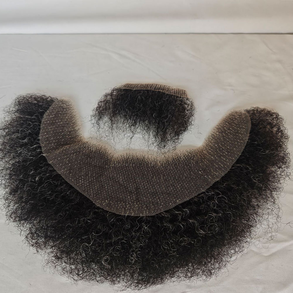 Human Hair Afro Curl Swiss Lace Fake Beard Face Mustache For American Black Men Realistic Makeup Lace Base Replace System 1B/20 Grey Hair Color