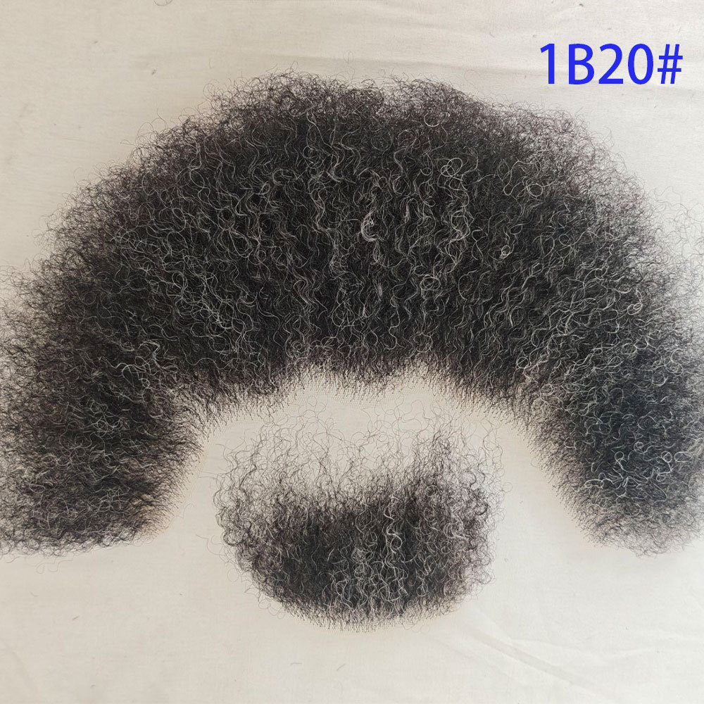 Human Hair Afro Curl Swiss Lace Fake Beard Face Mustache For American Black Men Realistic Makeup Lace Base Replace System 1B/20 Grey Hair Color