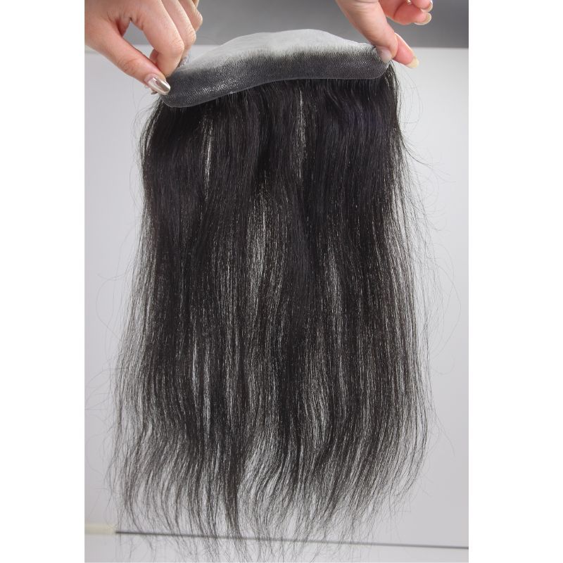 Men and Women Forehead Hairline Toupee 100% Human Hair Skin PU Man Hairpieces 13inch Long Frontal Hair Topper for Receding Natural Hairline Replacement System 1B# Natural Black