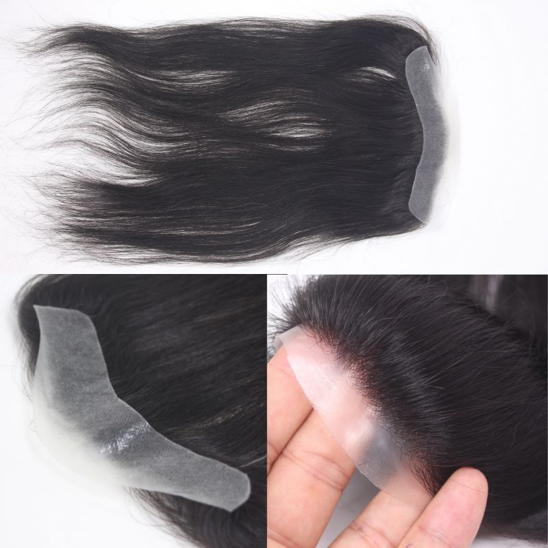 Men and Women Forehead Hairline Toupee 100% Human Hair Skin PU Man Hairpieces 13inch Long Frontal Hair Topper for Receding Natural Hairline Replacement System 1B# Natural Black
