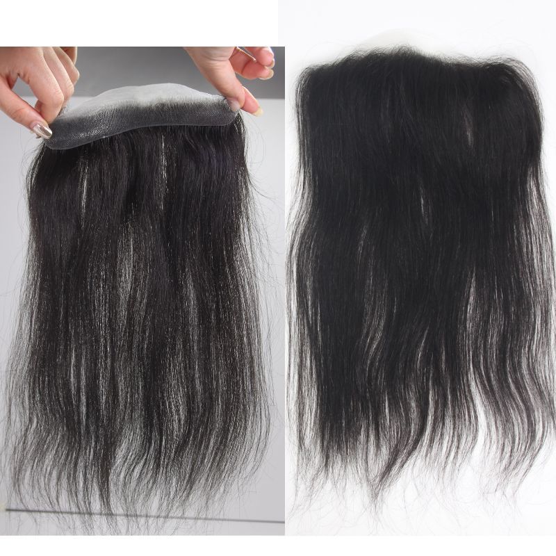 Men and Women Forehead Hairline Toupee 100% Human Hair Skin PU Man Hairpieces 13inch Long Frontal Hair Topper for Receding Natural Hairline Replacement System 1B# Natural Black