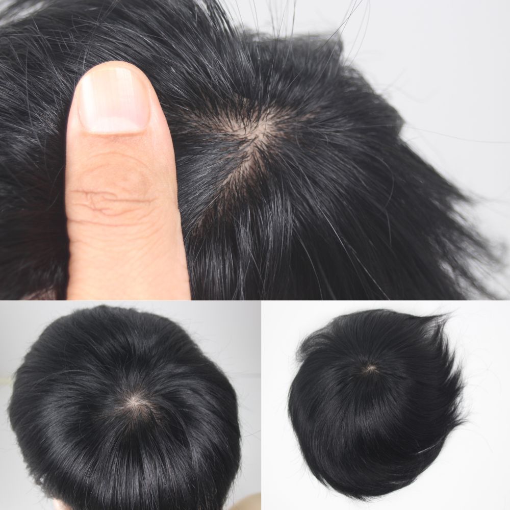 Voloria Hair Men Hair Toupee 100% Human Hair PU Edge Lace Center Injected Top Hair System Lace with PU 130% Density  Hair Replacement 1B Color 13x18cm 15x17cm Base Size 3 inch Cut