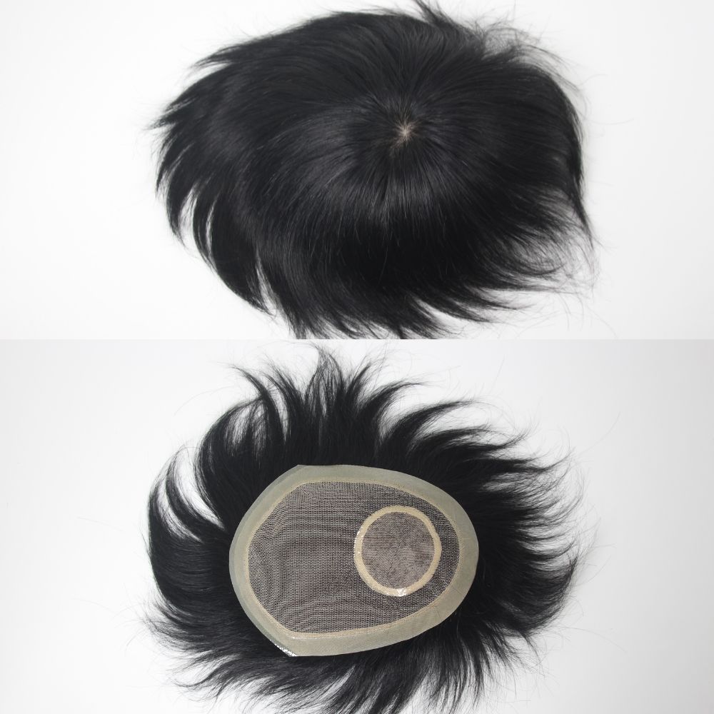 Voloria Hair Men Hair Toupee 100% Human Hair PU Edge Lace Center Injected Top Hair System Lace with PU 130% Density  Hair Replacement 1B Color 13x18cm 15x17cm Base Size 3 inch Cut