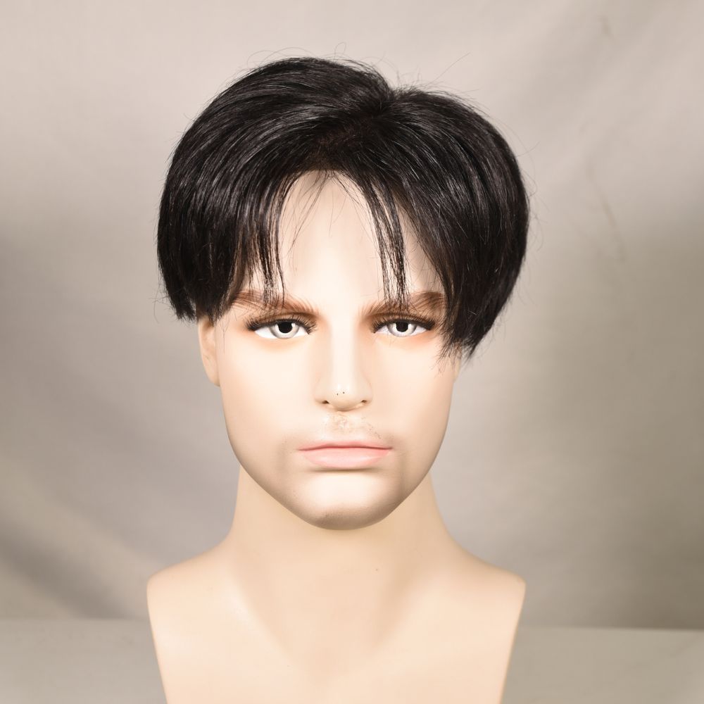 Voloria Hair Men’s Human Hair Toupee 3-Inch Natural Black Silk Base with PU Perimeter Hair System 18×20cm Clip-In Short Hairpiece for Men