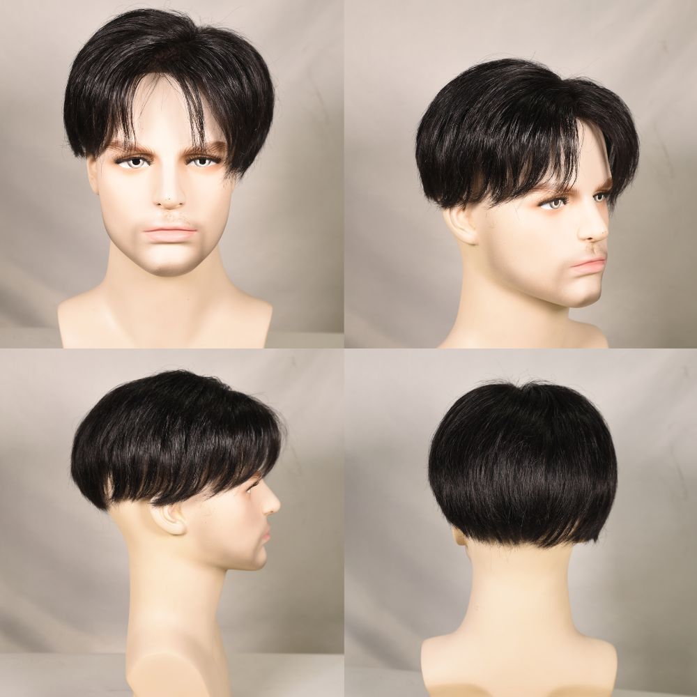Voloria Hair Men’s Human Hair Toupee 3-Inch Natural Black Silk Base with PU Perimeter Hair System 18×20cm Clip-In Short Hairpiece for Men