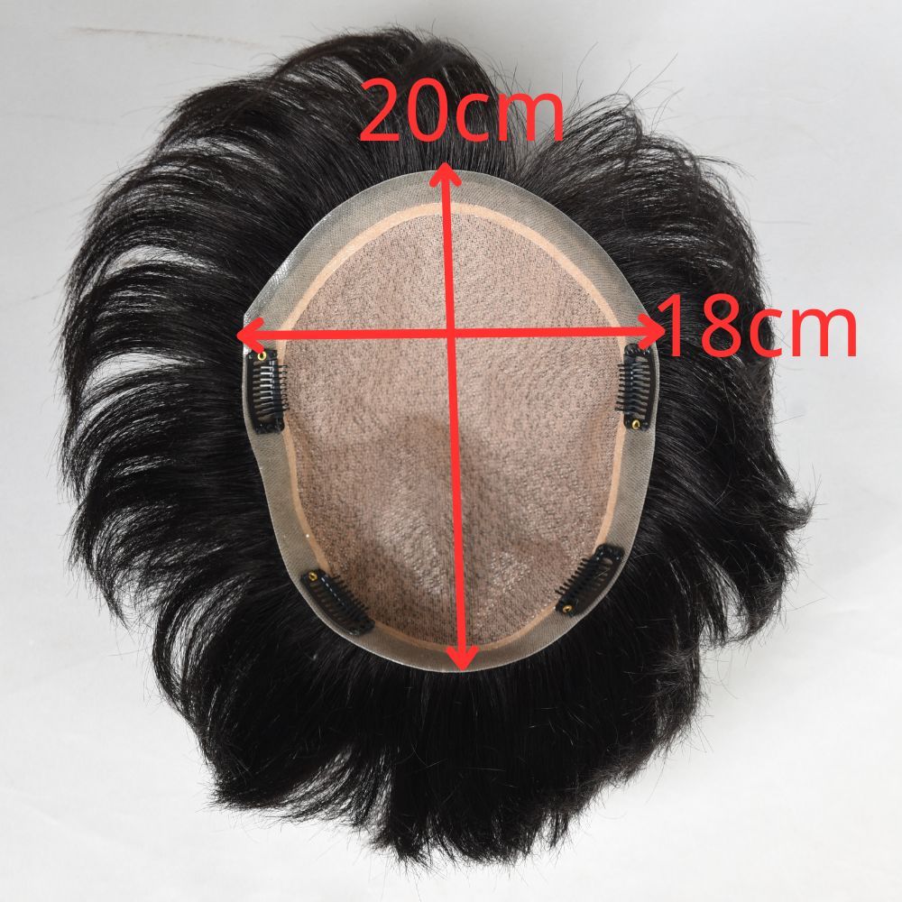 Voloria Hair Men’s Human Hair Toupee 3-Inch Natural Black Silk Base with PU Perimeter Hair System 18×20cm Clip-In Short Hairpiece for Men