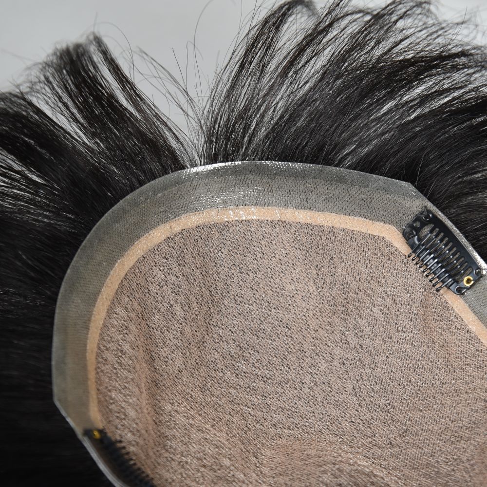 Voloria Hair Men’s Human Hair Toupee 3-Inch Natural Black Silk Base with PU Perimeter Hair System 18×20cm Clip-In Short Hairpiece for Men