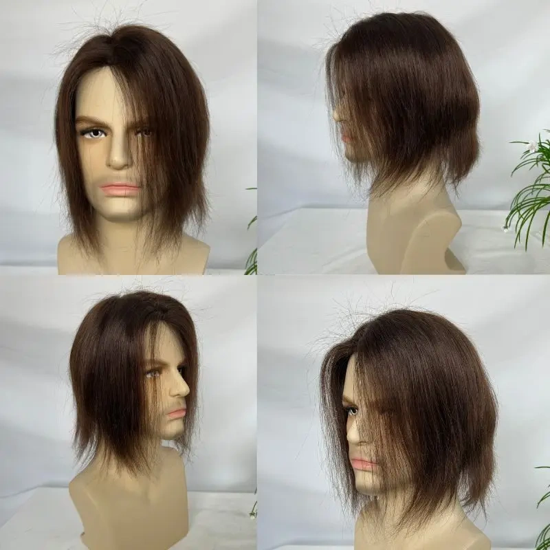 Pwigs Brown 3# Color Mono Base with PU Men's Toupee 100% Indian Human Hair System Npu 8x6 inch Base Size Toupee for Men Hair