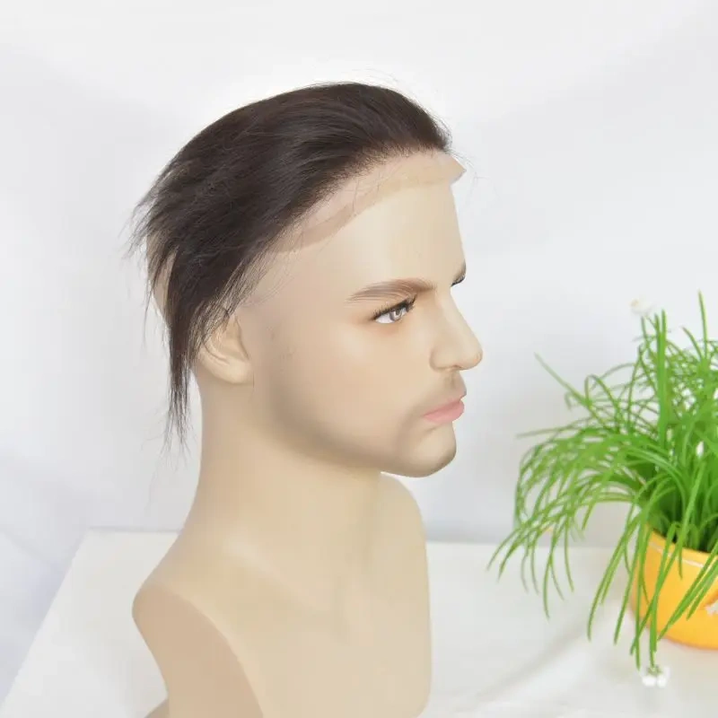 Pwigs 4X18cm Men Lace V Style Frontal Hairline 100% Human Remy Hair Toupee Swiss Lace Man Hairpieces Bleached Knots Hairline 1B