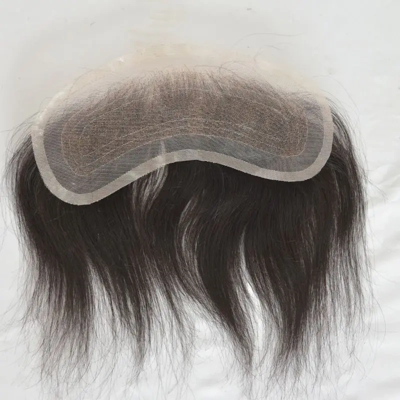 Pwigs 4X18cm Men Lace V Style Frontal Hairline 100% Human Remy Hair Toupee Swiss Lace Man Hairpieces Bleached Knots Hairline 1B