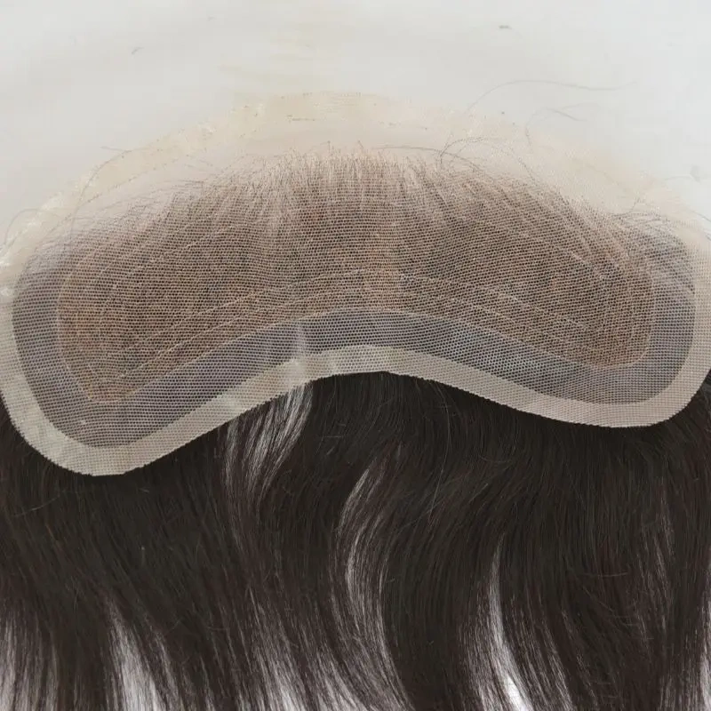 Pwigs 4X18cm Men Lace V Style Frontal Hairline 100% Human Remy Hair Toupee Swiss Lace Man Hairpieces Bleached Knots Hairline 1B