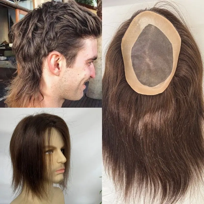 Pwigs Brown 3# Color Mono Base with PU Men's Toupee 100% Indian Human Hair System Npu 8x6 inch Base Size Toupee for Men Hair